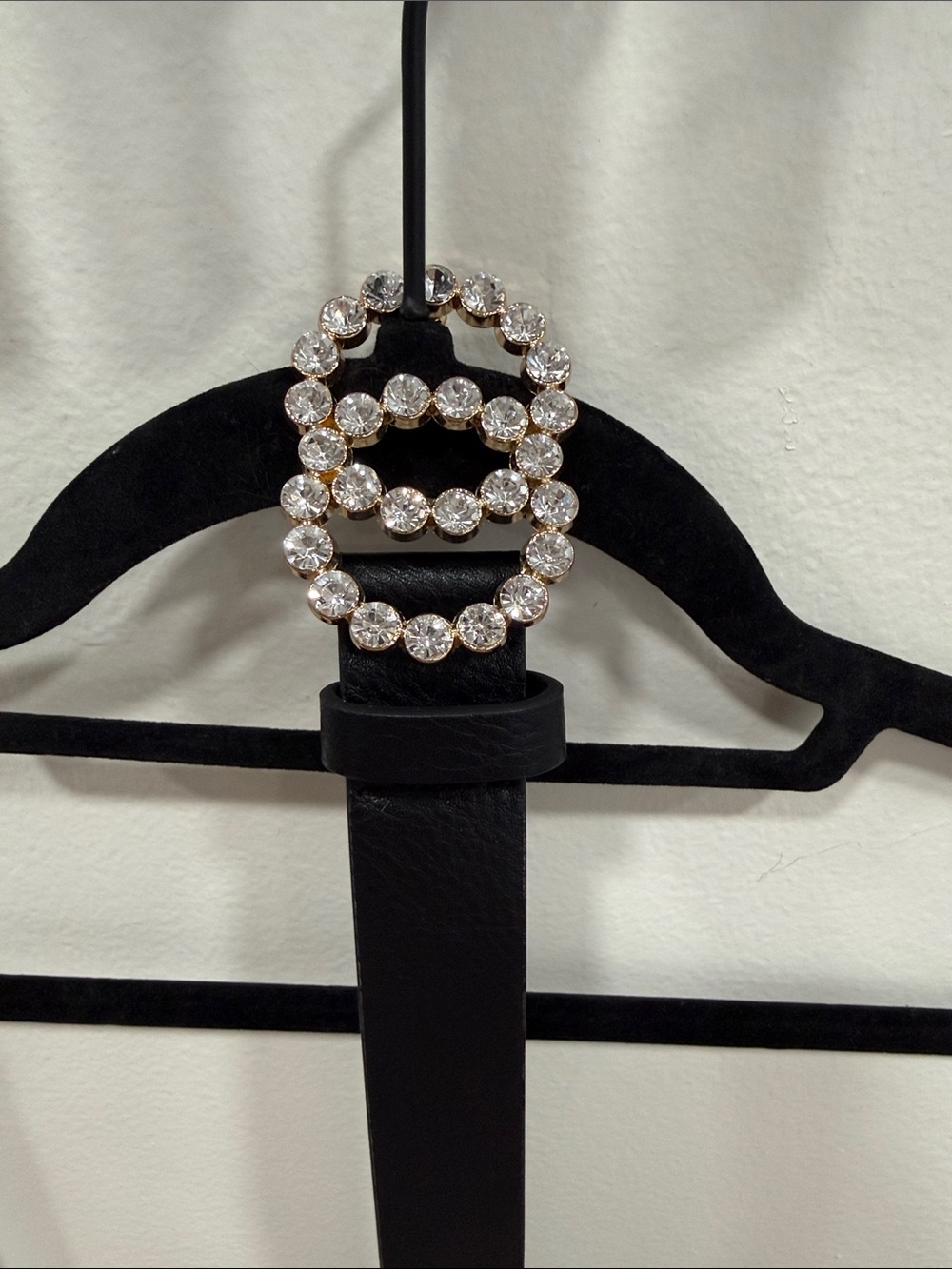 Aldo Black Leather Belt with Crystal Double-Ring Buckle
